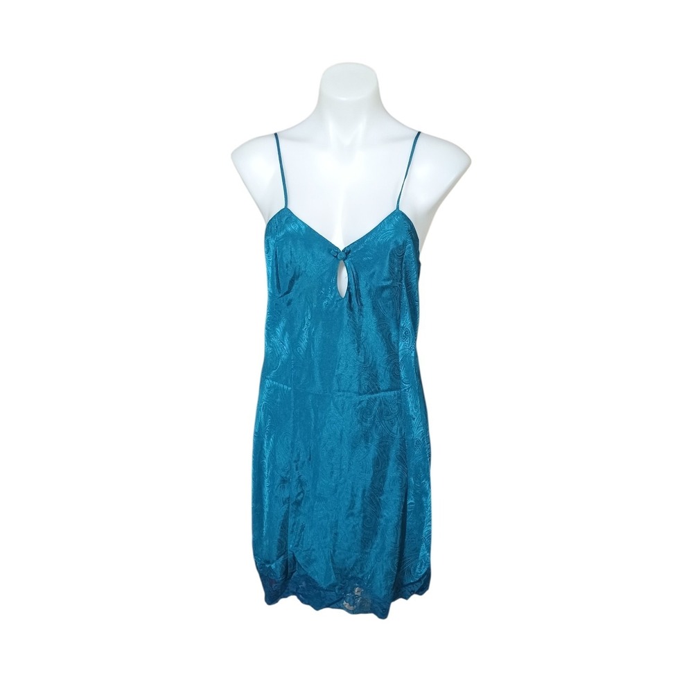 Vintage B.G. Street Intimate Womens Medium Teal Satin Lace Bow Sexy Slip Nightie